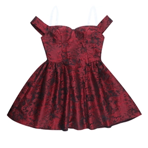 Detailed view of dark red off-the-shoulder dress with vintage jacquard floral texture