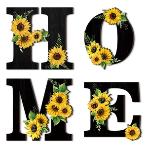 Letreros HOME de madera para pared con diseño de girasoles y acabado rústico en madera negra