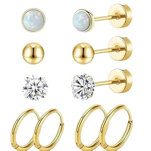 Set of 4 pairs of gold earrings with opal, zircon, gold beads and hoop designs