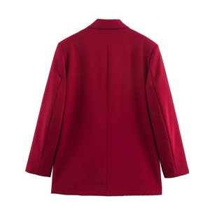 Rear view of long sleeve slim fit burgundy blazer featuring a centered back seam detail