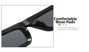 Detail of square black sunglasses showing smooth integrated nose pads for comfort