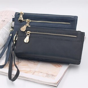 Vintage long PU leather wallet for women in black and navy blue with gold zipper
