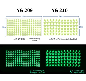 Luminous star wall stickers set with 1cm and 1.5cm sizes showing day and night glow effects