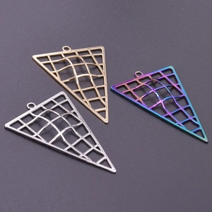 Detail of triangle mesh pendants in gold, silver, and rainbow 18k plated stainless steel