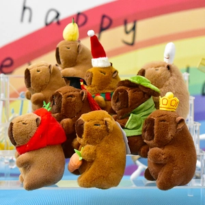 Detailed view of various cute capybara plush toy charms with festive accessories