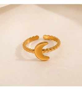 Macro detail of 18K gold plated stainless steel moon ring with beaded adjustable band