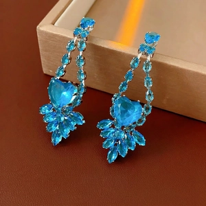 Luxury heart-shaped blue zircon pendant earrings with multi-cut gemstone crystal cluster
