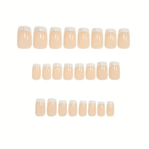 Classic white French press-on nails with silver glitter tips in square shape, 24-piece set