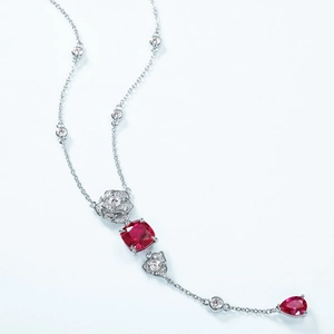 Luxurious S925 silver Y-shaped necklace with rose design and red gemstone pendants