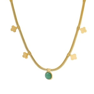 Gold clover necklace with green aventurine stone pendant on snake chain white background