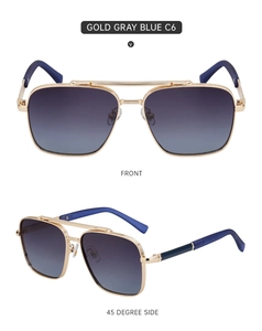 Front and 45-degree views of square metal sunglasses with gold frame and gradient lenses
