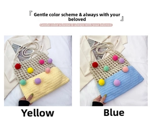 Detail view of yellow and blue crochet tote bags with colorful handmade pom-poms
