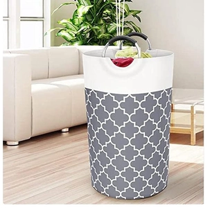 Large waterproof foldable laundry basket with grey Moroccan pattern and round handles