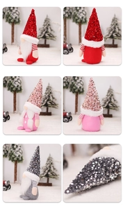 Detailed views of Christmas sequin hat gnomes in red pink and gray with long white beards