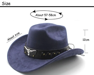 Detailed size chart for Western cowboy hat showing 57-58cm brim and bull head emblem