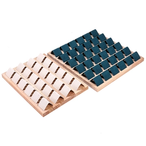 Wooden 35-slot earring display tray with premium velvet lining in beige and dark green