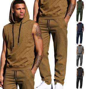 Detail view of high-density knitted fabric on men's sleeveless hoodie and joggers set