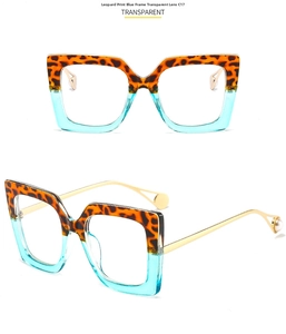 Detail view of square frame glasses C17 with leopard and transparent blue finish