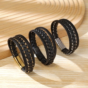 Men Braided Multi-layer Microfiber Leather Bracelet With Stainless Steel Magnetic Buckle Geometric Metal Beads