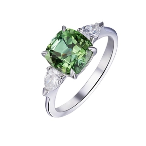 Elegant silver open ring featuring a large green square gemstone and white side stones