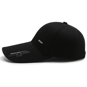 Black casual baseball cap with SPORT side logo and FASHION curved brim for sun protection