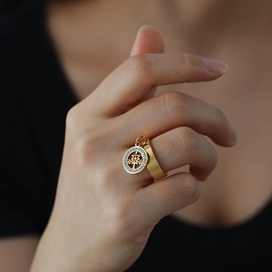 Gold stainless steel double ring featuring a sparkling crystal-set tree pendant for women