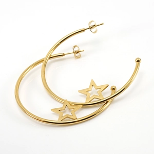 18K gold plated stainless steel hoop earrings with hollow star pendants for women