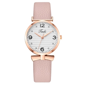 Elegant Women Quartz Watch Rose Gold Metal Case Bow Decoration Faux Leather Strap Rhinestone Markers Wave Pattern Dial