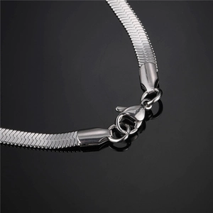 Macro detail of silver stainless steel flat snake chain showing lobster clasp and texture