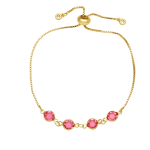 Adjustable gold chain bracelet with four pink round crystals and a slider clasp closure