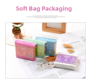 Detail of four-color double-tipped bamboo cotton swabs in a self-sealing pouch