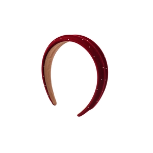 Elegant red velvet padded headband for women with shimmering pearl and rhinestone accents