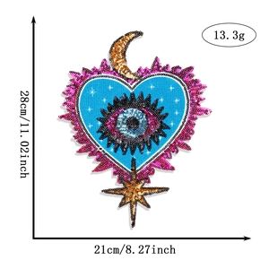 Sequin heart patch with blue evil eye and gold moon, 28cm large embroidery DIY decor