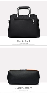 Detail view of black lychee texture PU leather handbag with rear zipper pocket and base