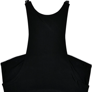 Detail of sexy halter mini dress showing black back straps and white contrast stitching