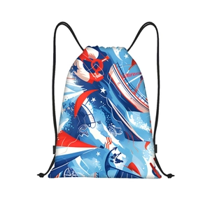 Detail of nautical print drawstring backpack with sailboat and wave patterns on oxford cloth