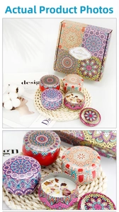 Detailed macro view of bohemian mandala pattern on aromatherapy candle tin and gift box