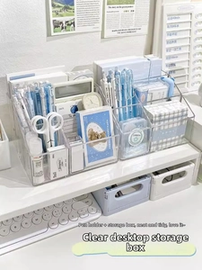 Macro shot of a clear acrylic five-compartment desk organizer filled with stationery items