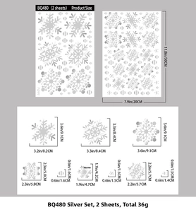 Detailed size chart for silver snowflake window stickers showing 20x30cm sheet dimensions
