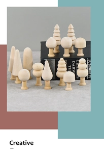 Macro detail of various geometric wooden mushrooms and tree shapes for DIY painting crafts