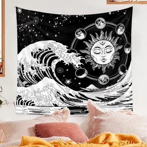 Detail view of tarot wall tapestry with sun and ocean wave pattern in cozy bedroom