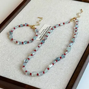 Collana E Bracciale In Pietra Naturale Vintage Blu Acquamarina Agata Rossa Perle Irregolari Chiusura Dorata Gioielli