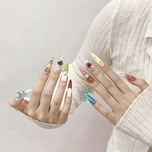 Handmade extra long stiletto press-on nails with 3D crystal rhinestones and baroque gold charms