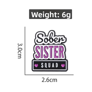 Detail view of Sober Sister Squad enamel pin showing 3.0cm x 2.6cm size dimensions