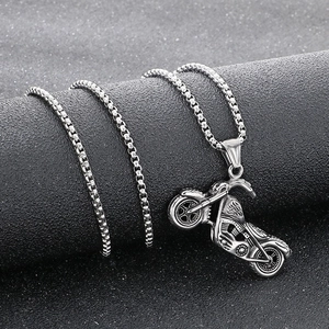 Silver punk motorcycle pendant necklace in stainless steel with a sturdy box chain