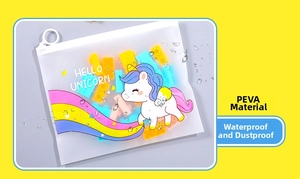 Waterproof PEVA storage bag with cute unicorn print showing water droplets for detail