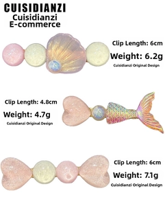 Detailed view of translucent heart hair clips with dimensions and weights in centimeters