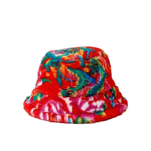 Rainbow tie-dye faux fur bucket hat for men and women featuring soft plush texture