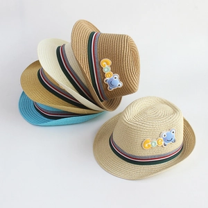 Kids summer straw hats in four colors with stripe band and cute frog detail