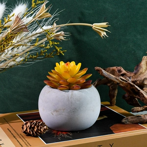 Détail d'un pot à succulente rond gris avec plante en résine dégradée jaune-orange décorée